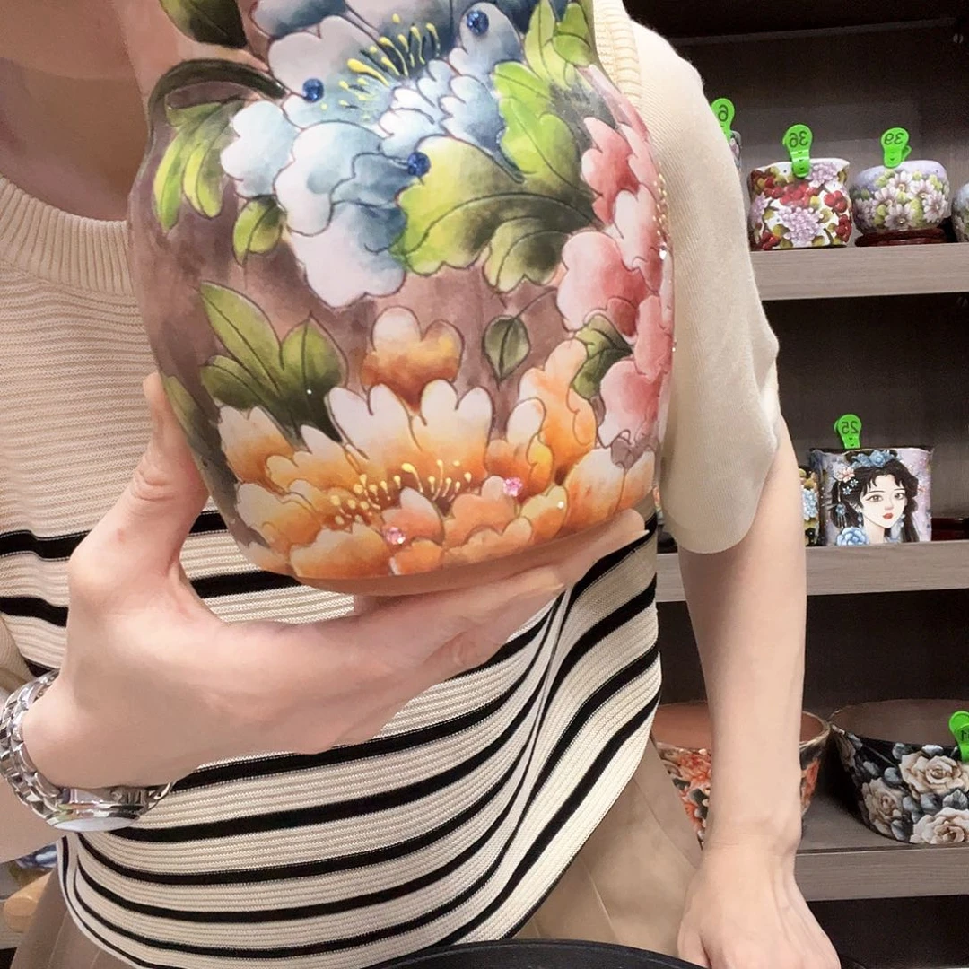 花物手绘陶瓷花盆口9高13