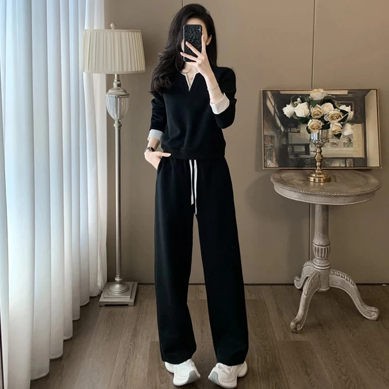 休闲风时尚套装韩版炸街运动套装针织套装直筒卫衣裤子长裤