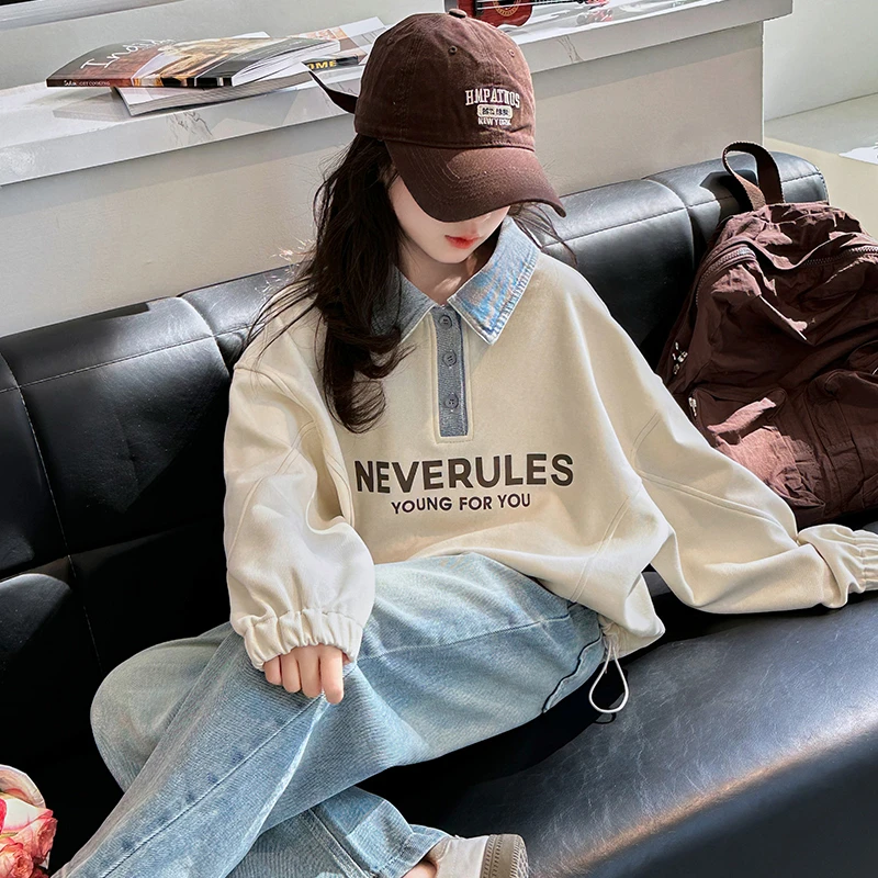 女童秋季套装2025新款韩版翻领卫衣儿童中大童春秋牛仔裤两件套潮