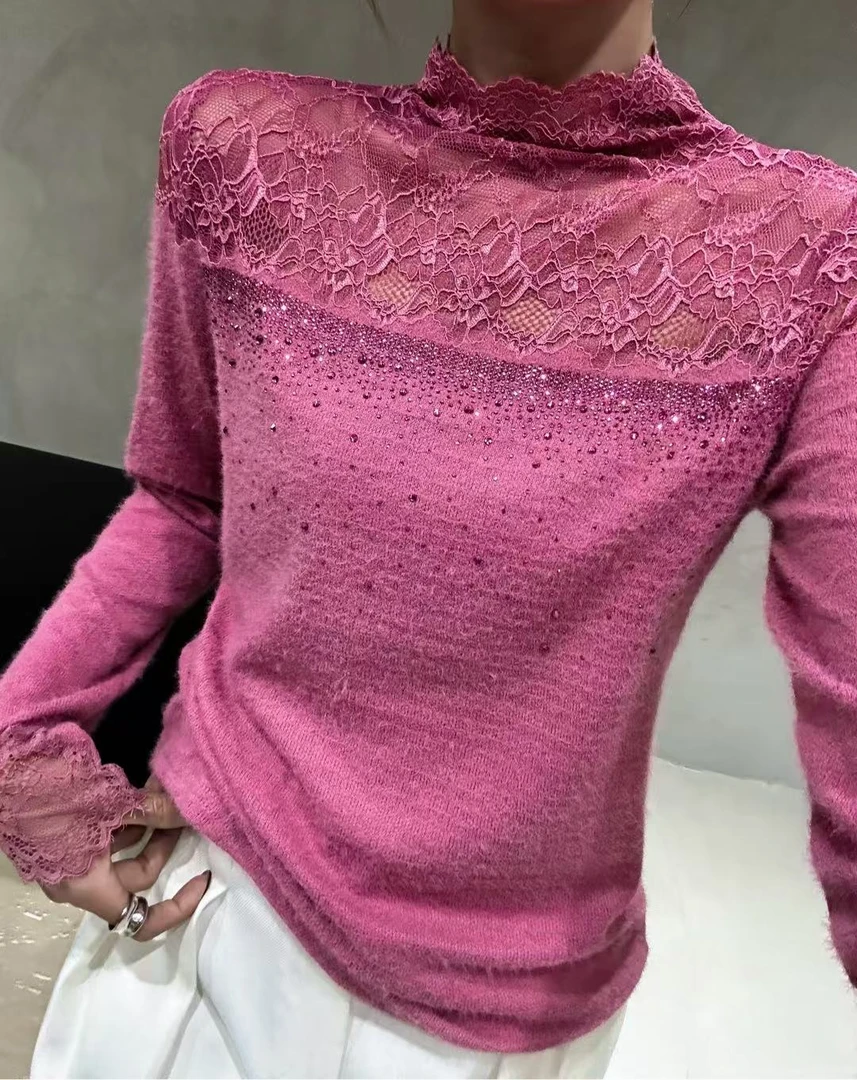 淑雅阁服饰  蕾丝洋气网红休闲风打底衫秋冬上衣法式气质1096