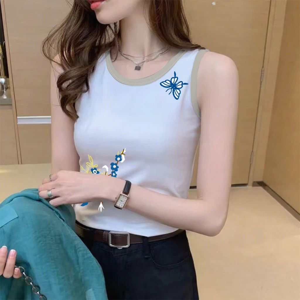 纯棉百搭打底夏季白色背心女修身显瘦简约纯色圆领无袖外穿上衣