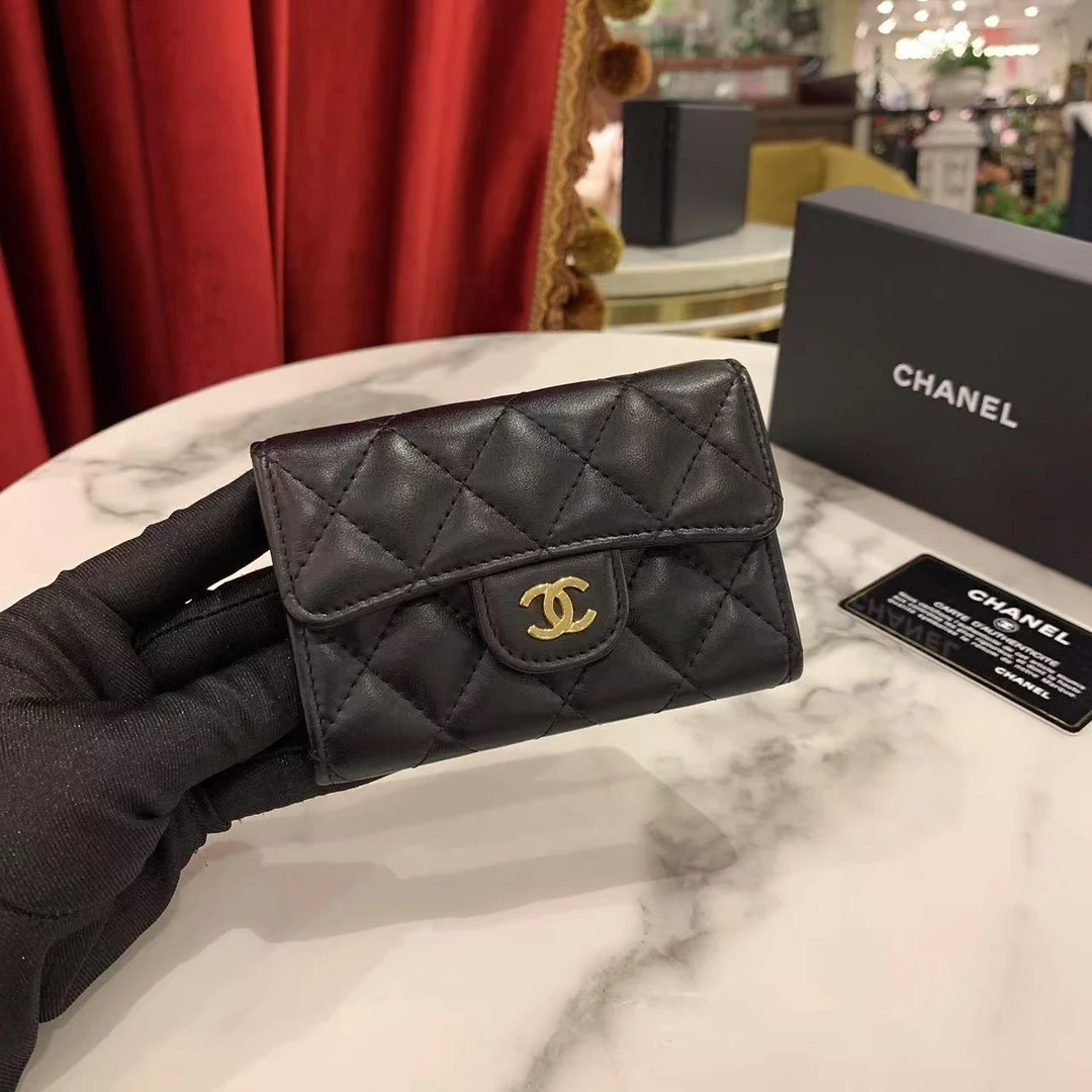 95新 Chanel/香奈儿 GGS短款钱包黑金羊皮 82738275