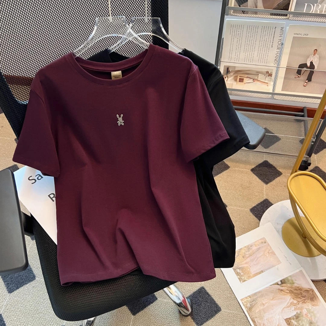紫色钻石兔圆领短袖t恤女2025年显瘦高级感短袖上衣修身短袖ZT-1