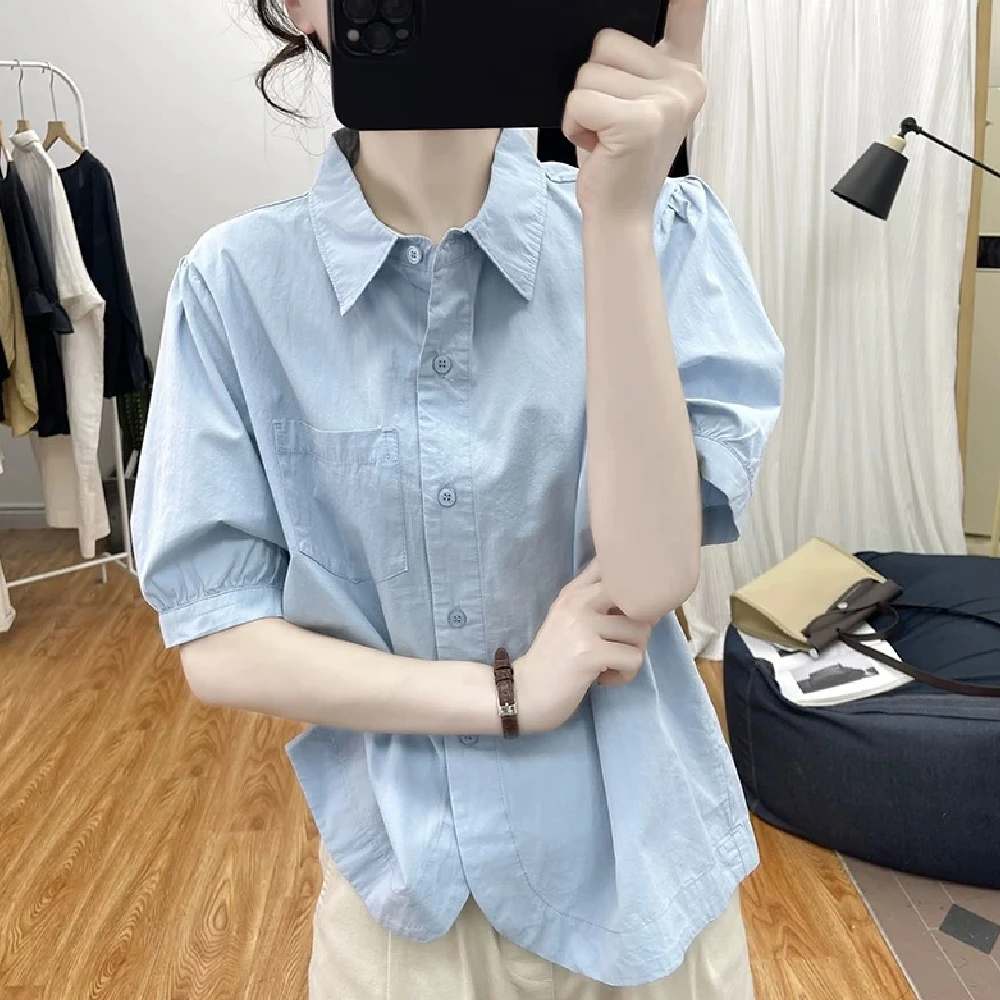 纯棉女士夏季新款宽松Polo领灯笼袖短袖褶皱感百搭显瘦减龄衬衫潮