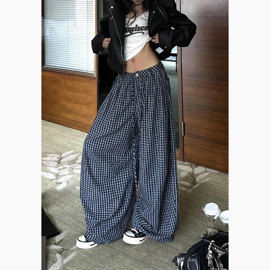 美式复古格纹阔腿裤女2025秋季新款街头垂感显瘦宽松休闲长裤