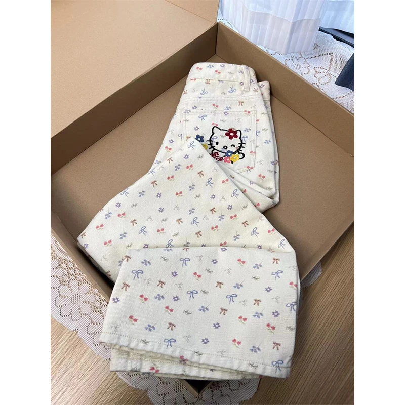大码蝴蝶结樱桃可爱kitty猫牛仔裤女夏季新款高个子显瘦阔腿裤潮