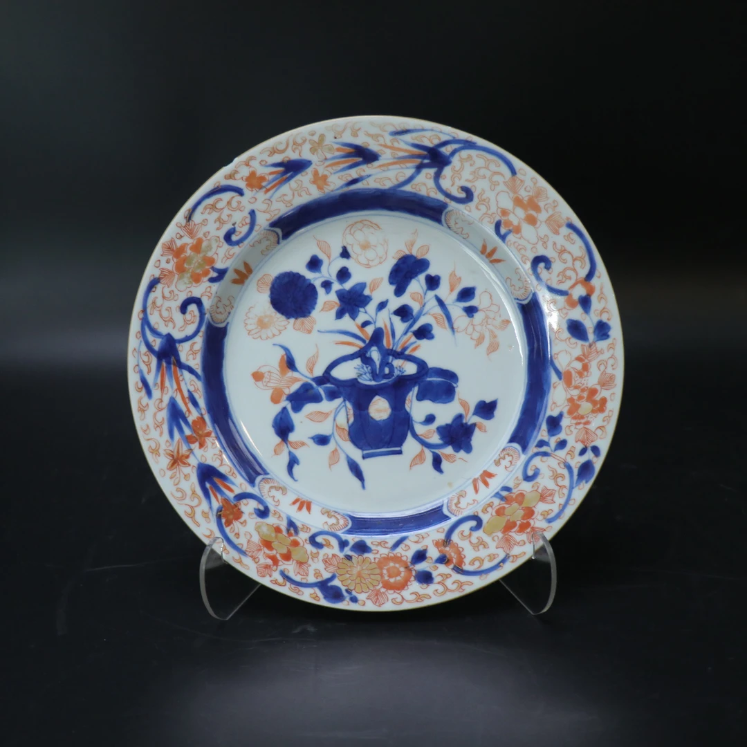 Lot.25121596清康熙青花矾红描金花卉纹折腰赏盘 直径：约22.1cm