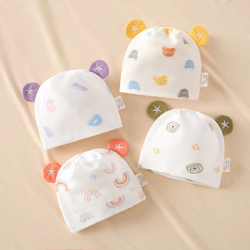 新款韩版婴儿胎帽双层无骨0-3个月初生纯棉星星帽秋冬新款胎帽