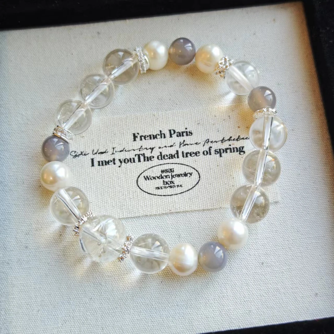 白水晶搭珍珠白啊赛冰透高级水晶手串