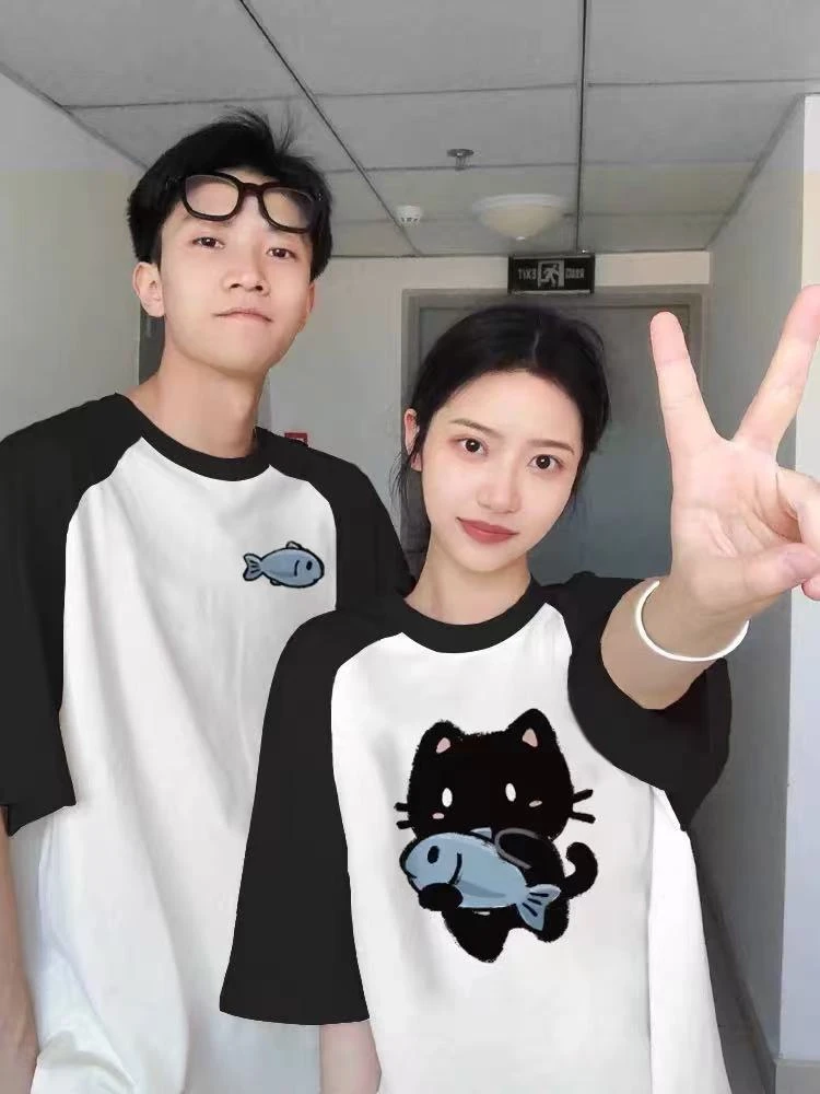 两件装猫爱鱼特别的情侣装T恤夏季2025新款插肩袖纯棉短袖套装男