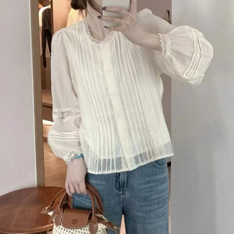 设计感灯笼袖蕾丝花边长袖衬衫女2025秋季新款高级感小衫上衣