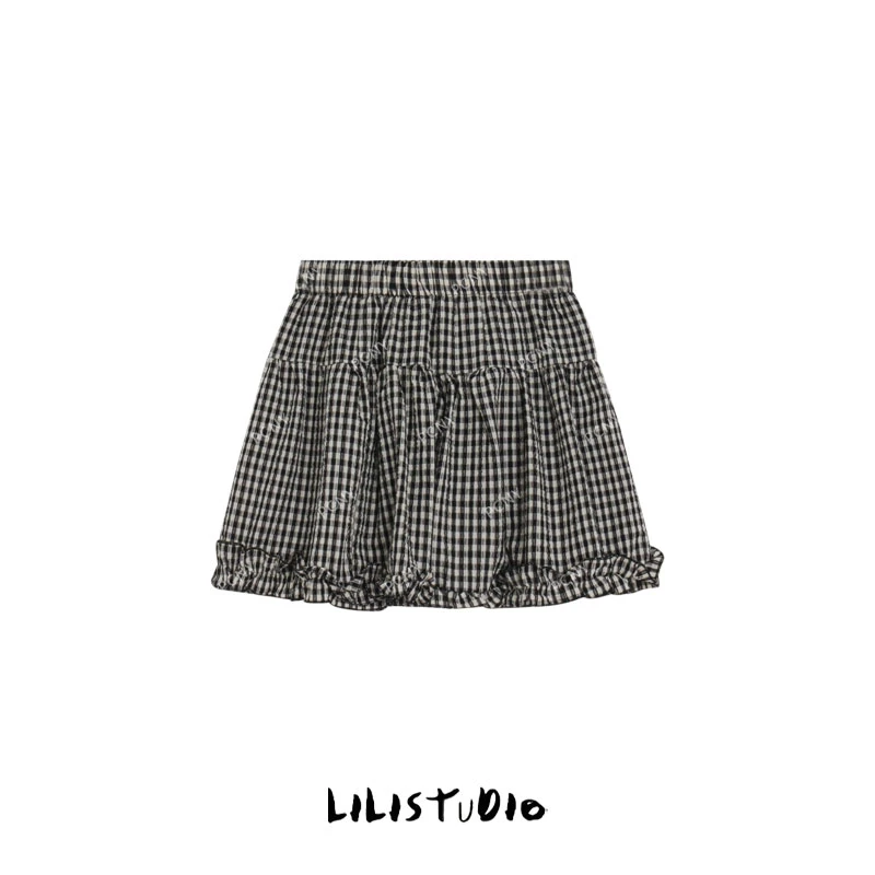 PCNY「永怀徒名」不理理夏季新款小众女装少女感格纹百搭蛋糕半身裙