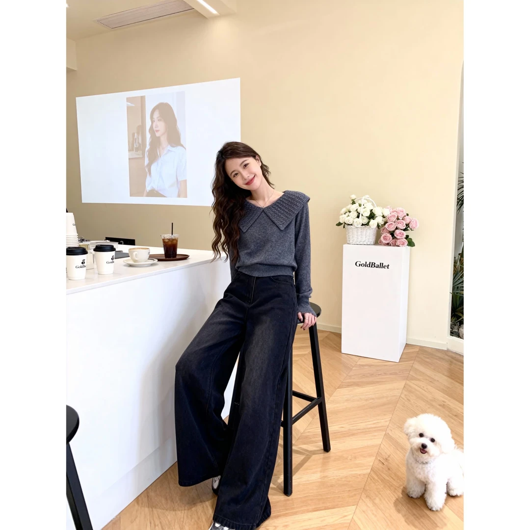 灰色大翻领长袖针织衫女秋季显瘦长袖高级感毛衣