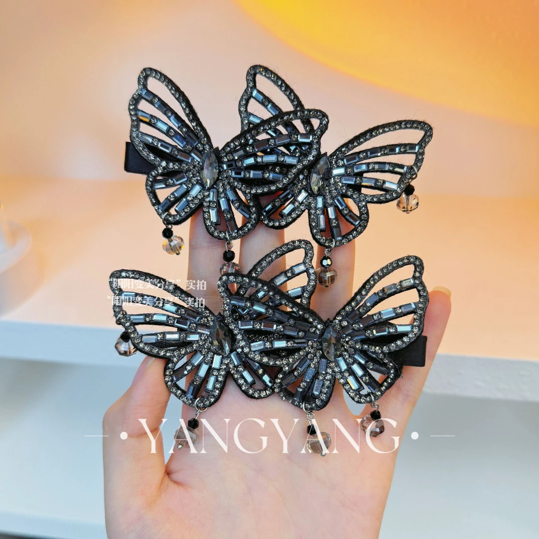 超仙气质轻奢高级感镂空水钻流苏蝴蝶鸭嘴夹侧边夹发饰8cm