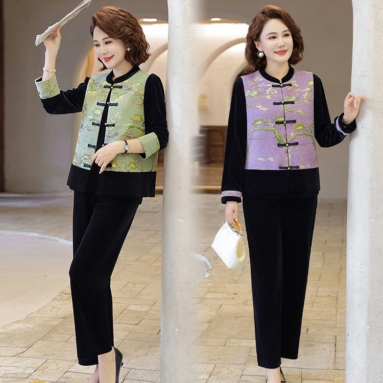 新中式妈妈秋装显瘦气质长袖上衣三件套装中年春秋季减龄马甲小衫