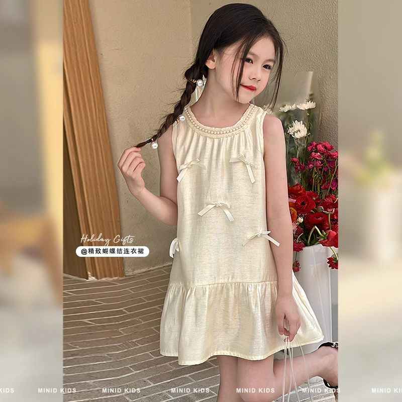 mini旦童装儿童连衣裙夏季新款女童气质蝴蝶结无袖背心裙公主裙子