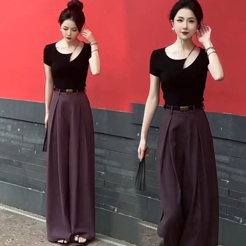 气质穿搭一整套2025夏季新款设计感小众性感短袖恤阔腿裤两件套