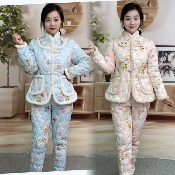 冬季加绒保暖珍珠扣复古碎花妈妈装家居服外套