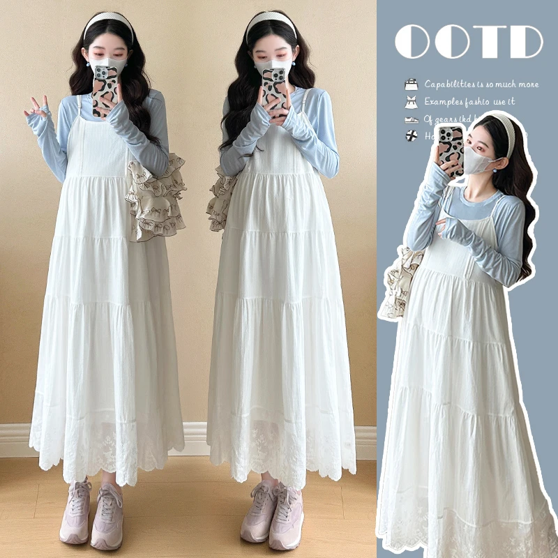 2025春时尚辣妈孕妇两件套连衣裙春秋显瘦气质白色法式中长款韩版