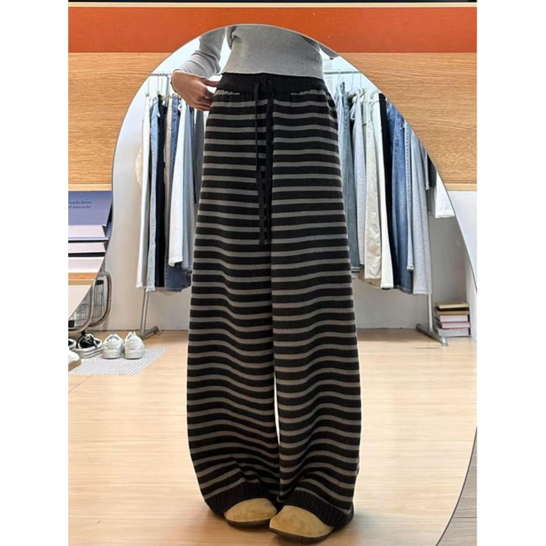 条纹针织阔腿休闲裤女冬季慵懒风复古垂感拖地裤宽松设计感