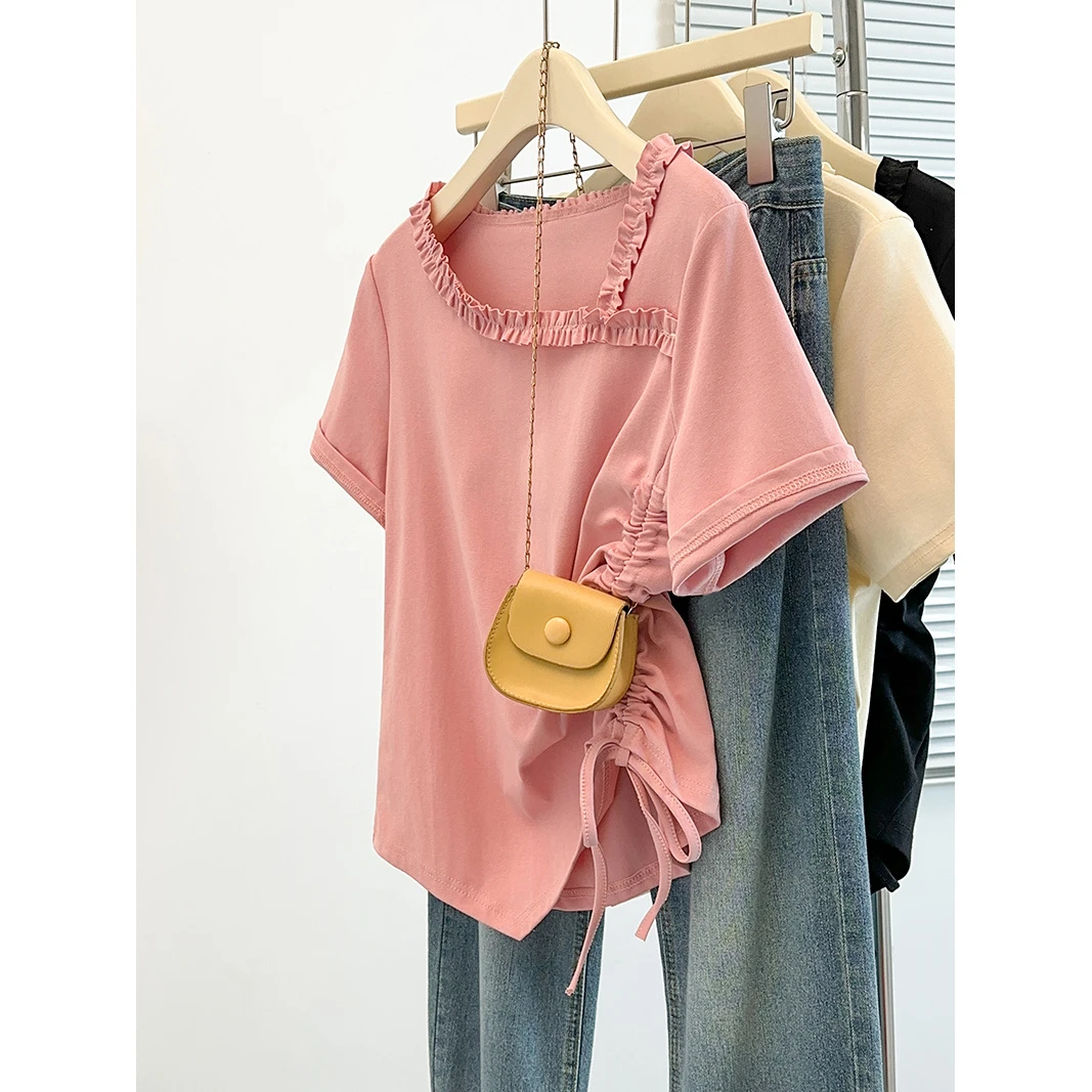 2025夏装新款胖mm大码女时尚设计感抽绳不规则短袖T恤宽