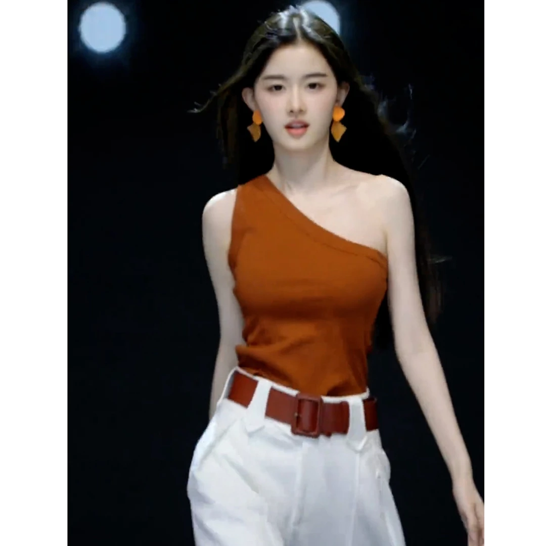 韩系chic独特超好看上衣小众设计感洋气减龄橘色斜肩无袖T恤女夏
