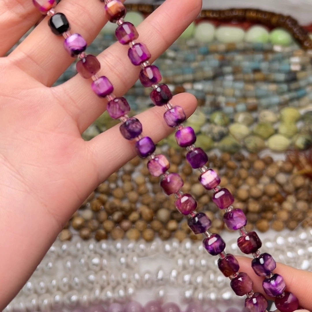 玛瑙/玉髓合金珠宝半成品Y201。7mm天然魅惑紫虎眼方糖一条