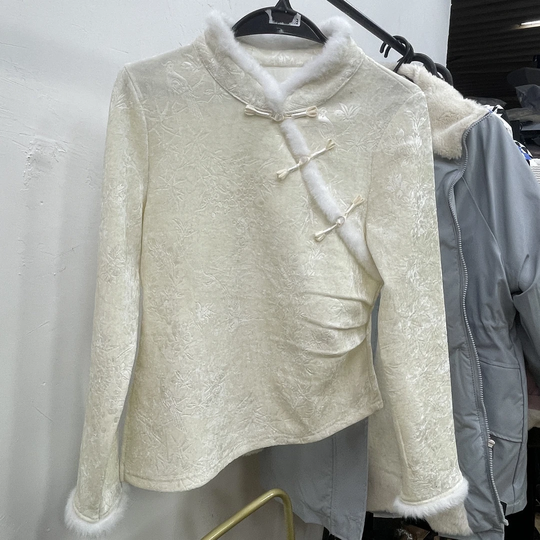 【Y188】冬季立领斜襟国风提花加绒显瘦打底衫