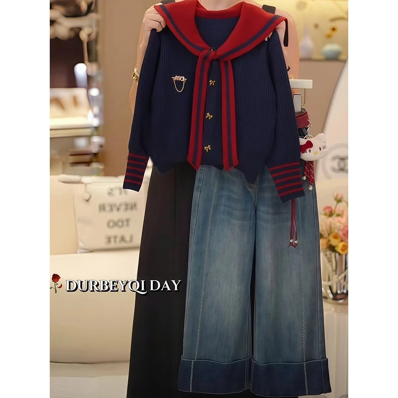 女童海军领毛线衣牛仔裤套装2025新款春秋款针织打底衫直筒阔腿裤