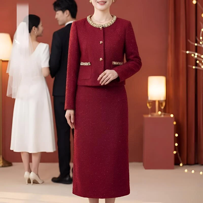 喜婆婆婚宴礼服红色小香风两件套女2025新款喜妈妈敬酒服秋冬套装