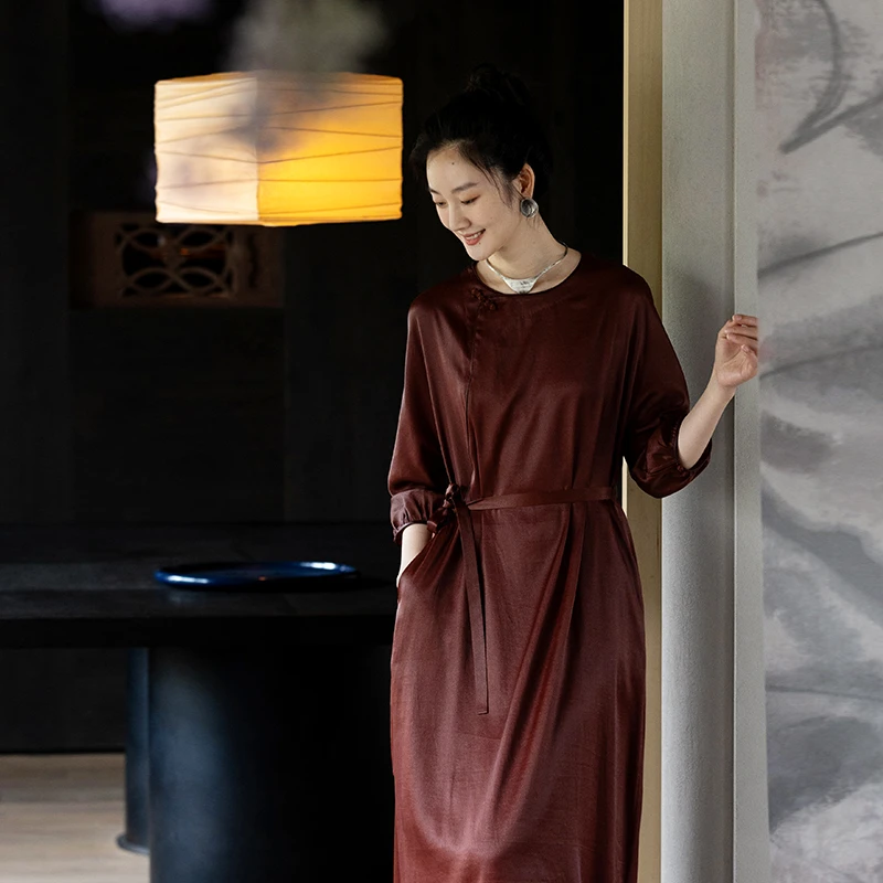 牧衣游原创 红云纱净色连衣裙新款轻薄垂感复古气质真丝长裙 雨薇