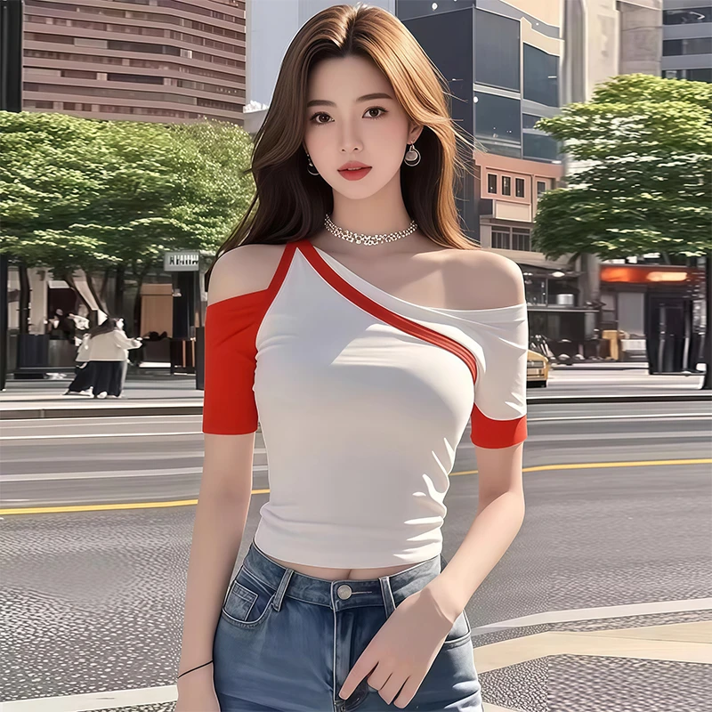 辣妹纯欲风别致洋气撞色露肩斜领上衣夏季新款小众短款短袖t恤潮