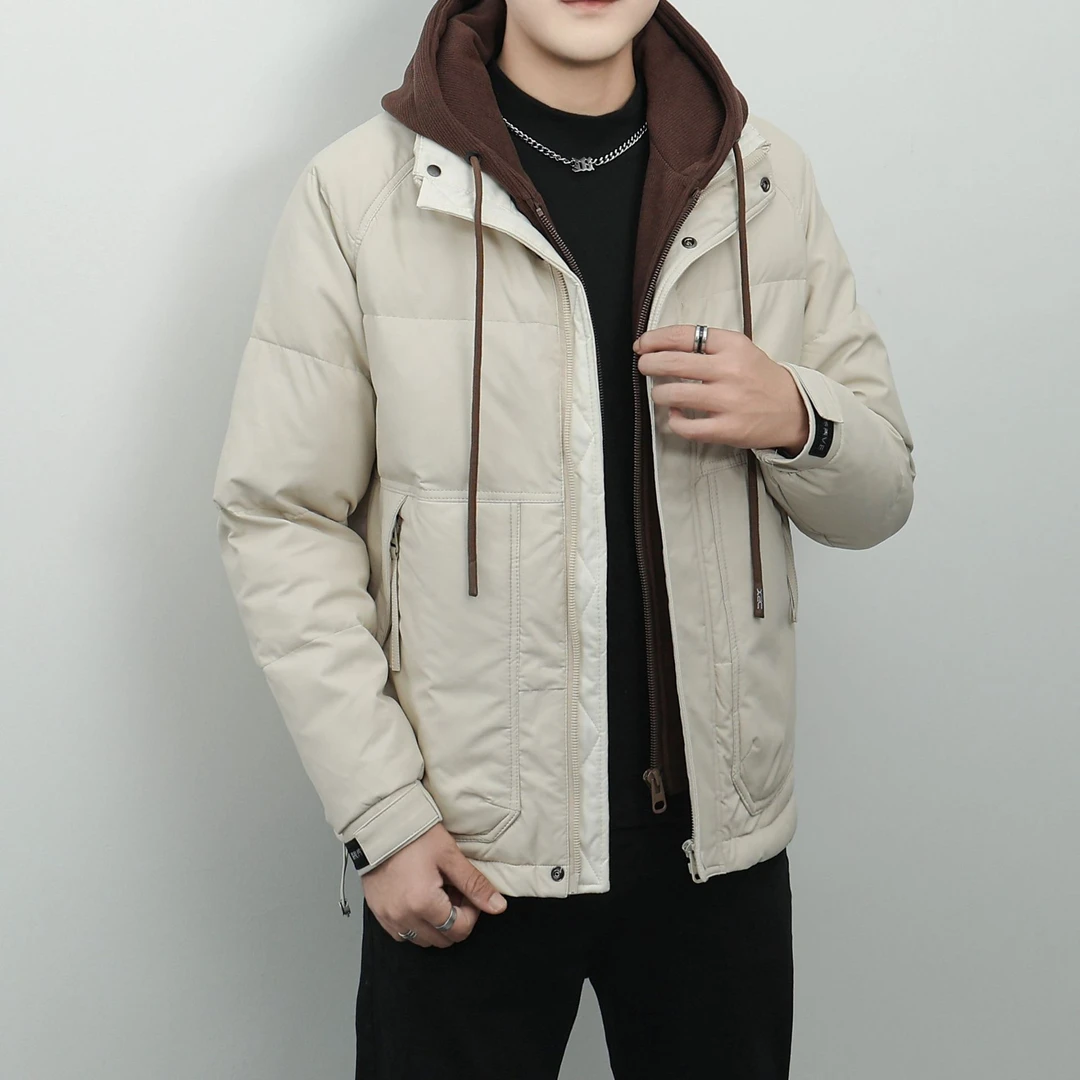 冬季新款针织拼接假两件连帽羽绒服男士防寒保暖加厚PU皮鸭绒外套