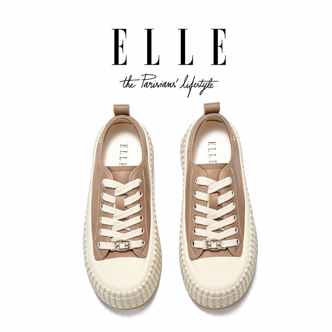 ELLE真皮轮胎厚底女士板鞋增高小白鞋美拉德软底不累脚休闲饼干鞋