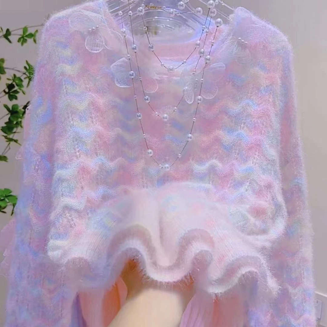 渐变色超仙甜美针织上衣女早秋2025新款重工钉珠蝴蝶毛衣柔软轻盈