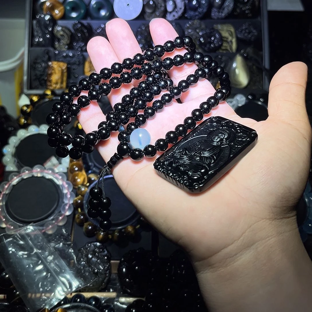 黑曜岩未镶嵌手链自**新黑曜石8m108颗加阿弥守护海蓝宝