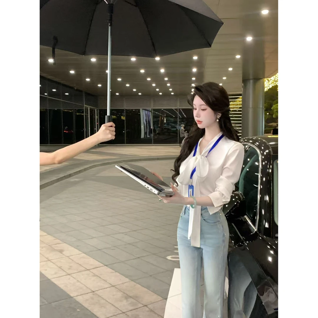 【雅乔定制】许妍衬衫 蝴蝶结系带缎面白色衬衣女长袖DYYY-24075482