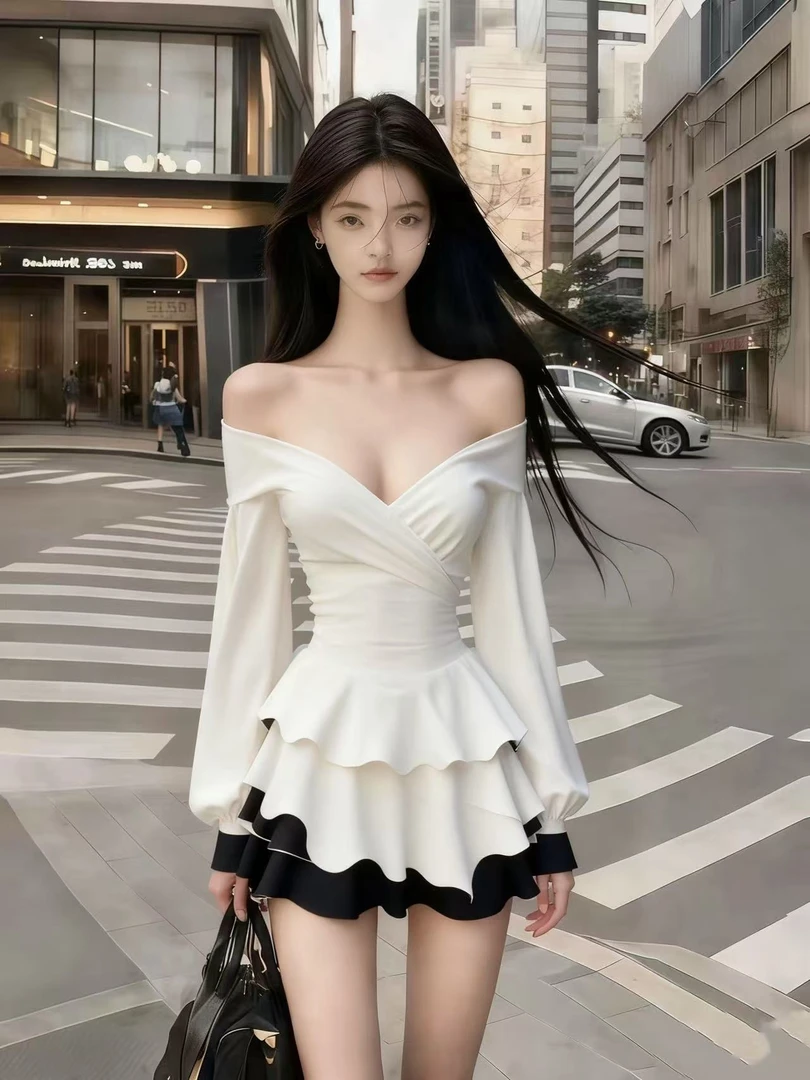 长袖一字肩抹胸拼接收腰连衣裙高腰修身小众设计感秋季新款