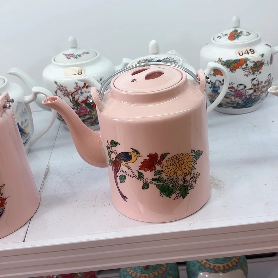 壶陶瓷菊花锦鸡三斤提梁壶红稀稀