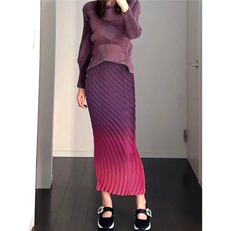 三宅时尚鱼鳞褶皱年轮优雅气质高腰半身裙长裙褶皱时装渐变半裙