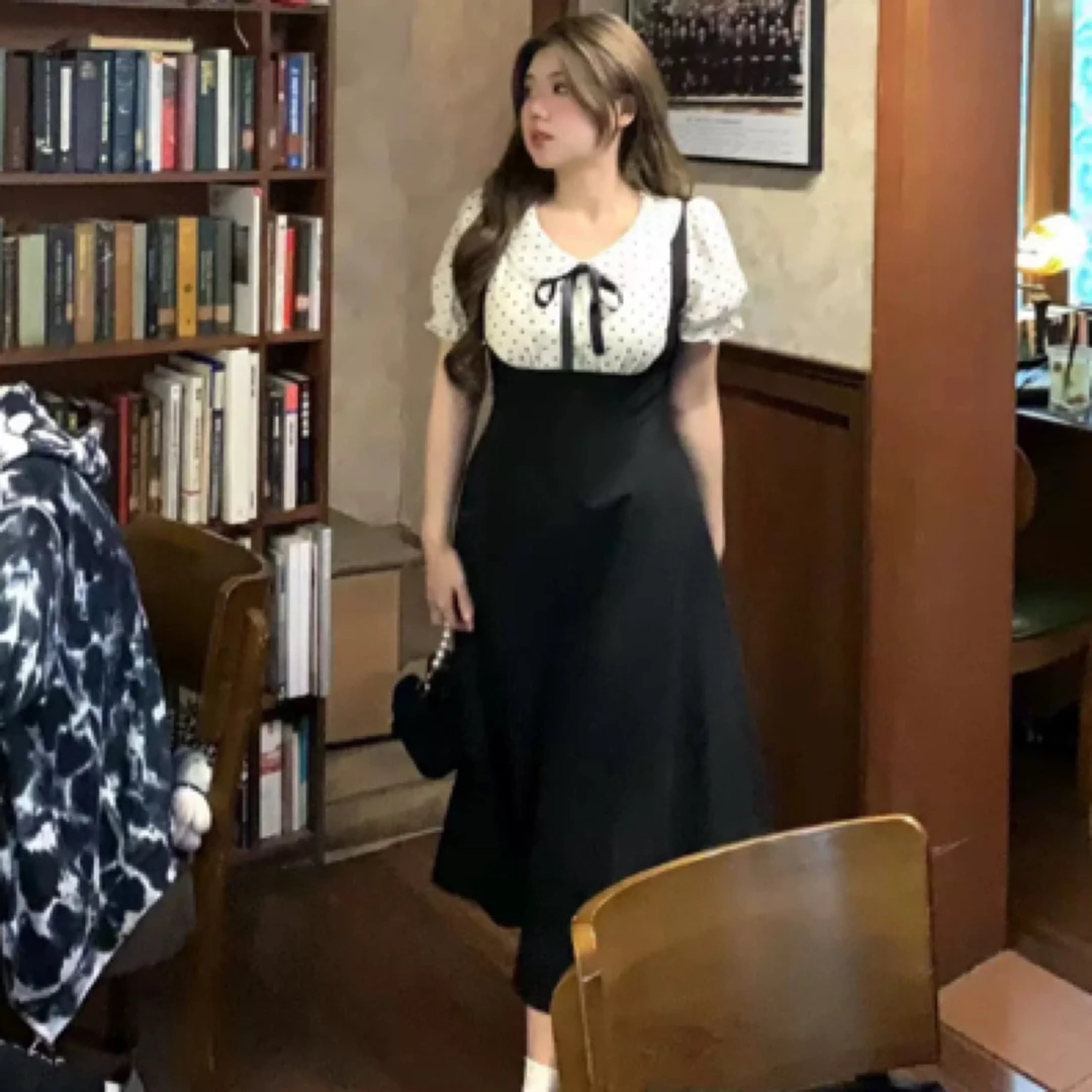 孙优秀推荐娃娃领波点拼接连衣裙大码微胖连衣裙