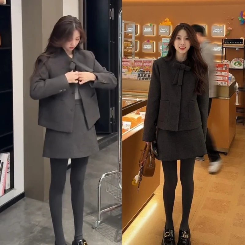 高级感蝴蝶结西装外套搭配显瘦半身裙女秋冬季时尚套装小个子气质