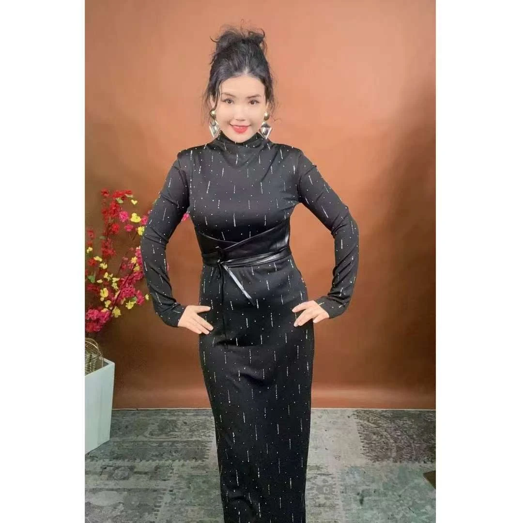 6688【娜子】一体腰带巧收腰烫钻女装连衣裙