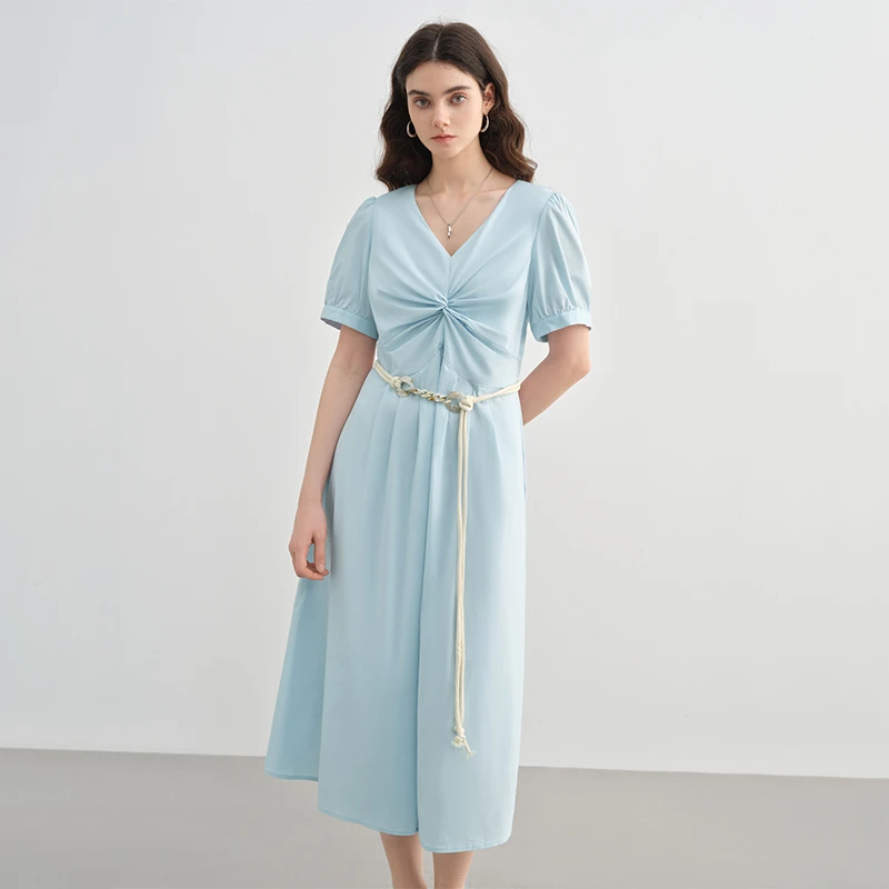 独束大码女装夏日扭结连衣裙微胖MM法式优雅结构裙子25DS82299