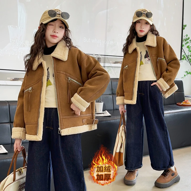 女大童加绒外套冬装个性韩版2025新款学生女孩皮毛一体绒夹克时尚