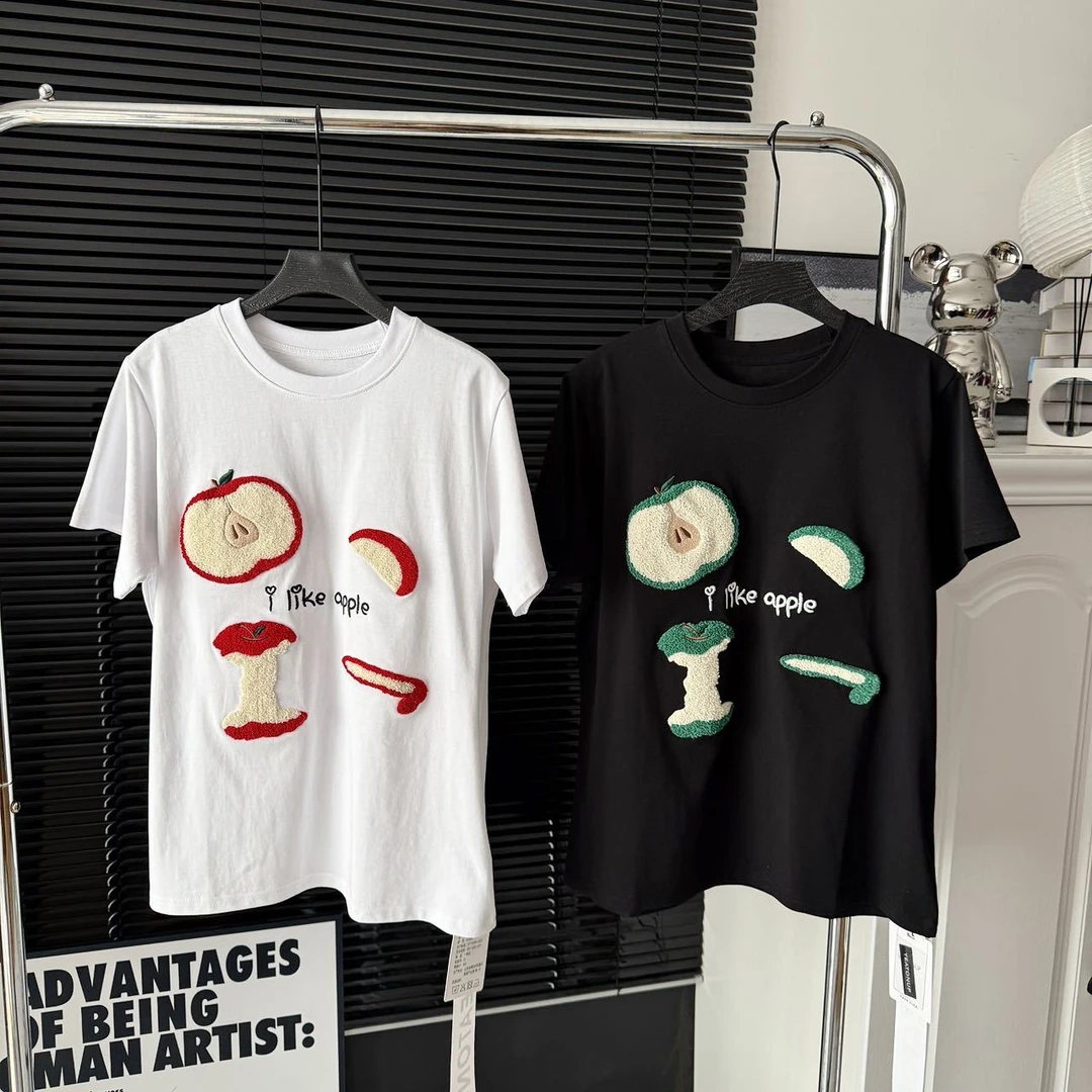 朵儿定制【小苹果】重工毛巾刺绣圆领短袖T恤IO33