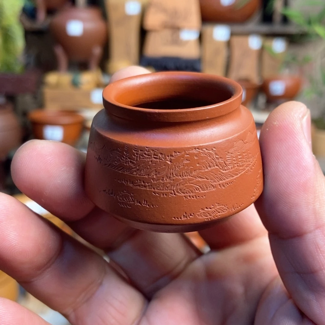 紫砂花盆孙伟手拉胚带刻绘，内口经尺寸3×2.5