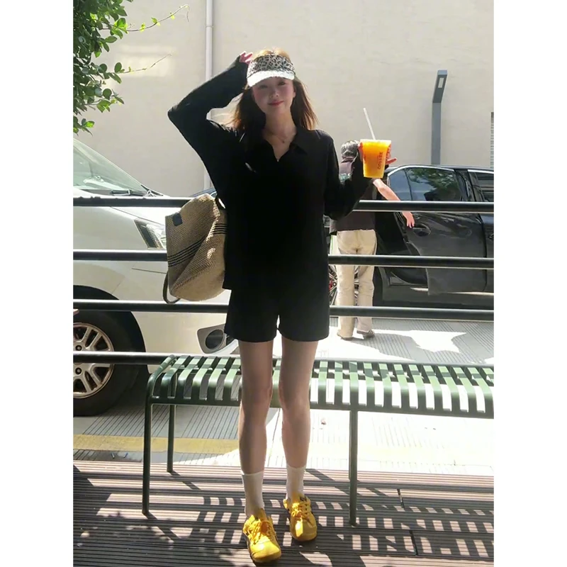 A2093#夏季新款法式设计感翻领薄款针织上衣百搭高腰显瘦阔腿短裤