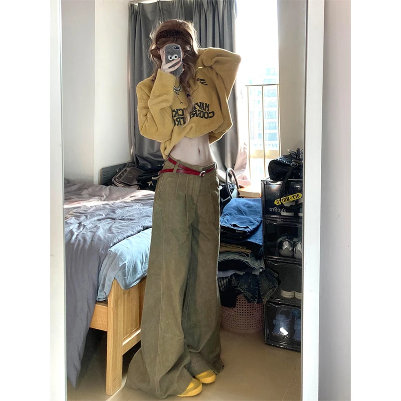 美式复古做旧水洗牛仔裤女2025春季新款高腰宽松显瘦设计感阔腿裤