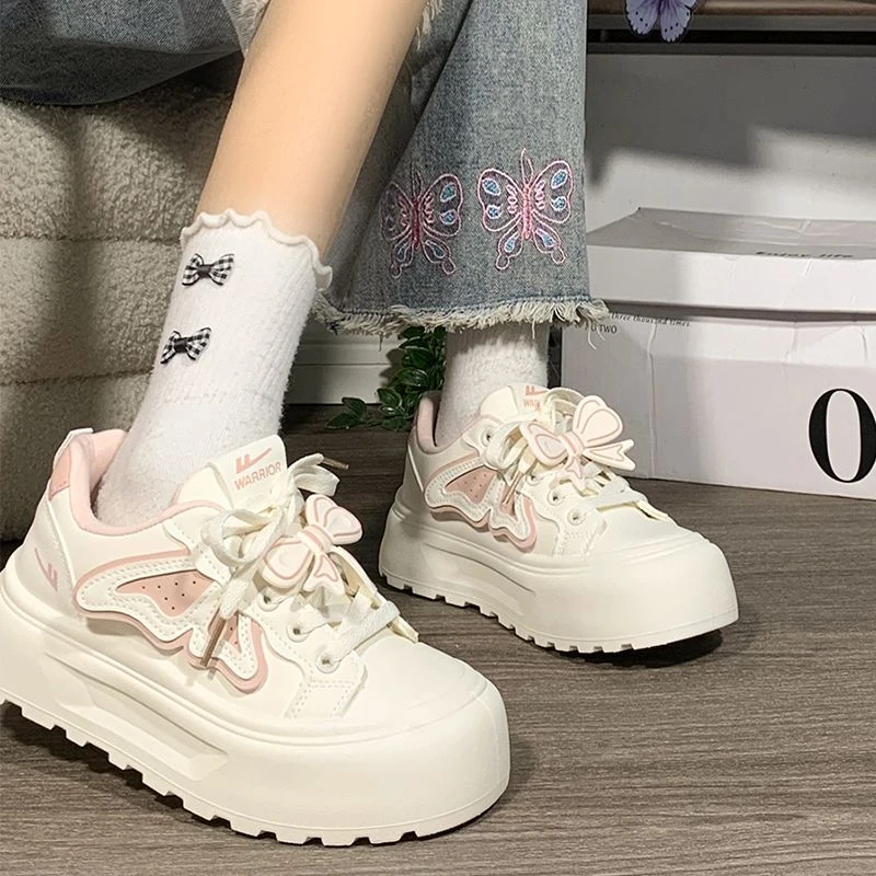 回力女鞋粉色蝴蝶结小白鞋2025春季新款ins百搭休闲厚底运动板鞋